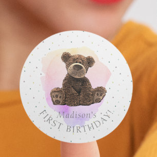 Sticker Rond Ours sauvage rose premier anniversaire mignonne mo