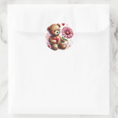Sticker Rond Ours Teddy Avec Coeur Saint-Valentin Rouge (Sac)