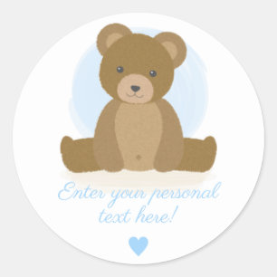 Sticker Rond Ourson Mignon Cœur Bleu Fête de Naissance Garçon