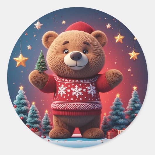Sticker Rond Ourson mignon en pull de Noël (Devant)