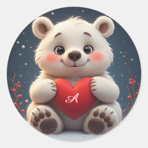 Sticker Rond Ourson polaire blanc adorable tenant un cœur rouge