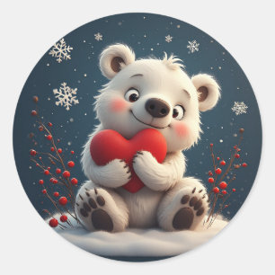 Sticker Rond Ourson polaire blanc adorable tenant un cœur rouge