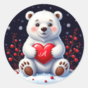 Sticker Rond Ourson polaire blanc adorable tenant un cœur rouge