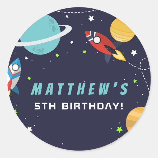 Sticker Rond Outer Space Rocket Ship Birthday Party (Devant)