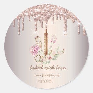 Sticker Rond Outils de boulangerie Fleurs Coulures de paillette