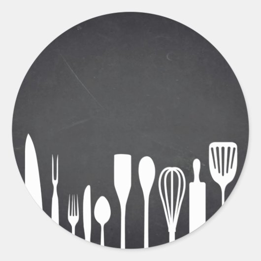 Sticker Rond Outils de cuisine en tableau noir Texte de la Pers (Devant)