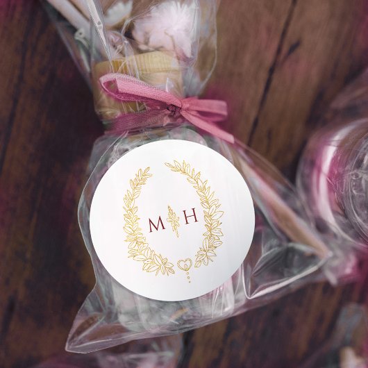 Sticker Rond Oval wreath wedding monogram gold dark red white