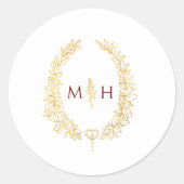 Sticker Rond Oval wreath wedding monogram gold dark red white (Devant)