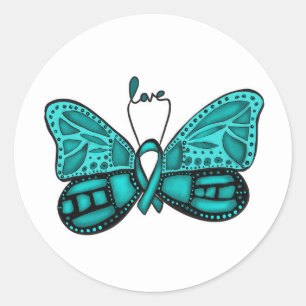Sticker Rond Ovarian cancer teal ribbon butterfly