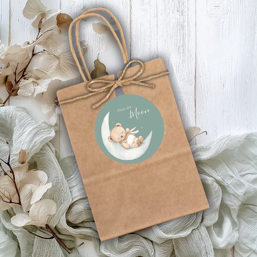 Sticker Rond Over the Moon Bear Baby Shower