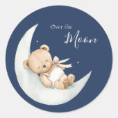 Sticker Rond Over the Moon Bear Blue Baby Shower (Devant)
