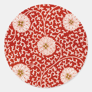 Sticker Rond Owen Jones Ornement Chinois Fleurs Rouges et Blanc
