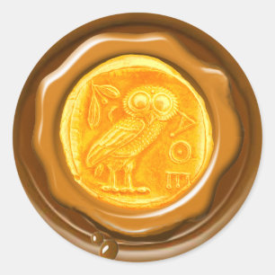STICKER ROND OWL OR ANTIQUE JAUNE SCEAU BROWN EN CIRE
