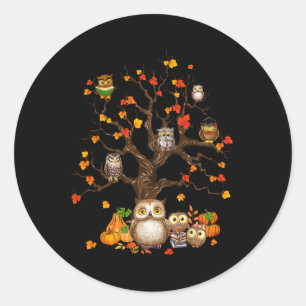 Sticker Rond Owls Leaves Tree Fall Autumn Pumkin Halloween Owl