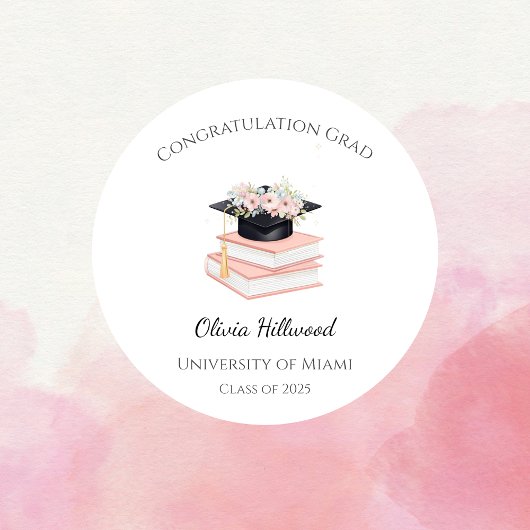 Sticker Rond Pac de Graduation Florale Rose Uni Nom