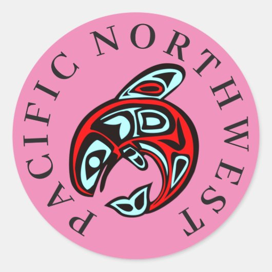 Sticker Rond Pacific Northwest Native Orca Killer Whale Pink (Devant)