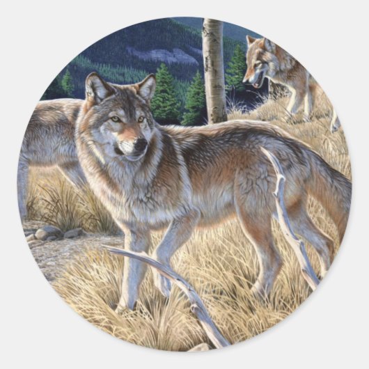 Sticker Rond Pack de loups dans la peinture forestière (Devant)