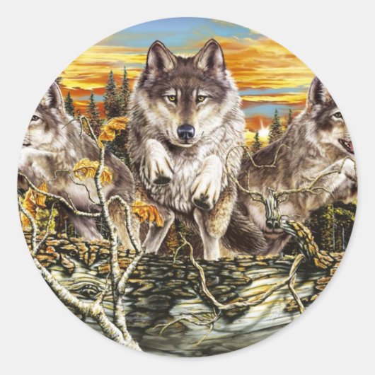 Sticker Rond Pack de loups sautant au-dessus d'un bûcher (Devant)