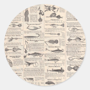 Sticker Rond Page de catalogue de leurres de pêche antiques en