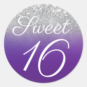 Sticker Rond Pailleté Argent et Royal Violet Ombré Sweet 16
