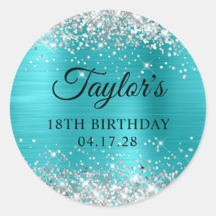 Sticker Rond Pailleté Argent Turquoise Bleu Feuille 18e Anniver