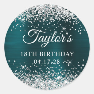 Sticker Rond Pailleté Argent Turquoise Foncé Feuille 18e Annive