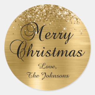 Sticker Rond Pailleté Or Papier Aluminium Joyeux Noël Famille