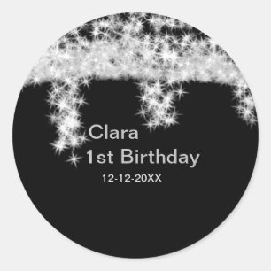 Sticker Rond Pailletterie noire argent ajouter nom date de nais