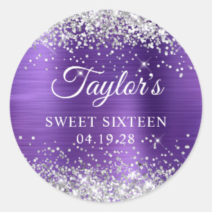Sticker Rond Paillettes Argent Améthyste Violet Feuille Sweet S