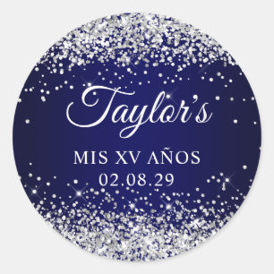 Sticker Rond Paillettes Argent Bleu Marine Mis XV Ans