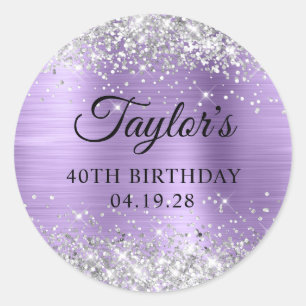 Sticker Rond Paillettes Argent Clair Violet Anniversaire 40 Ans