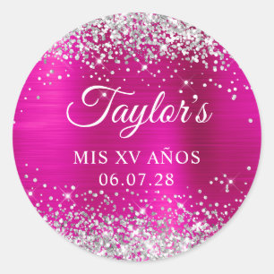 Sticker Rond Paillettes Argent Rose Chaud Anniversaire 15 Ans M