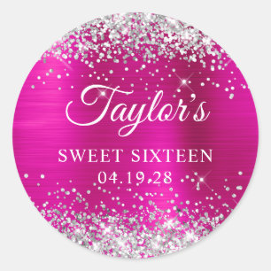 Sticker Rond Paillettes Argent Rose Chaud Foil Sweet Seize Ans