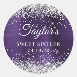 Sticker Rond Paillettes Argent Violet Foncé Sweet Sixteen