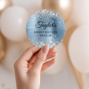 Sticker Rond Paillettes Argentées Bleu Clair Sweet Sixteen