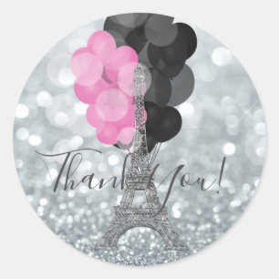 Sticker Rond Paillettes argentées et ballons Paris Tour Eiffel 