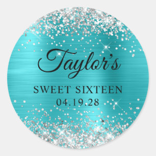 Sticker Rond Paillettes Argentées Turquoise Bleu Feuille Sweet