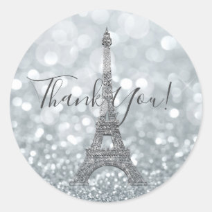 Sticker Rond Paillettes d'Argent Brillant Bling Tour Eiffel Fêt