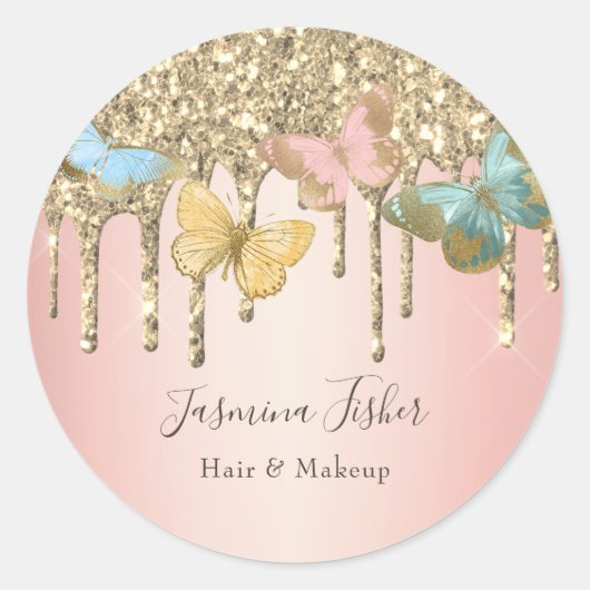 Sticker Rond Paillettes de papillon tendance Drip Fille Coiffur (Devant)