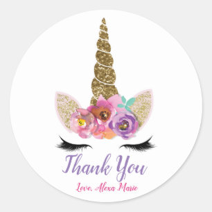 Sticker Rond Paillettes Dorées Corne de Licorne Magique Fête d'
