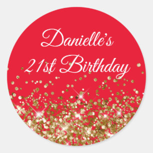 Sticker Rond Paillettes dorées et 21e anniversaire rouge
