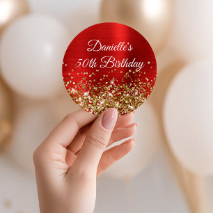 Sticker Rond Paillettes dorées et papier d'aluminium rouge 50e