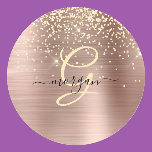 Sticker Rond Paillettes dorées, monogramme doré, nom en script 