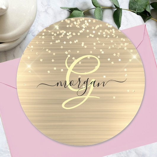Sticker Rond Paillettes dorées & monogramme, nom en écriture no