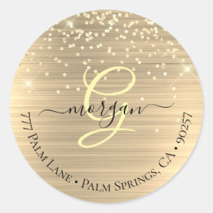 Sticker Rond Paillettes dorées & monogramme, nom et adresse en