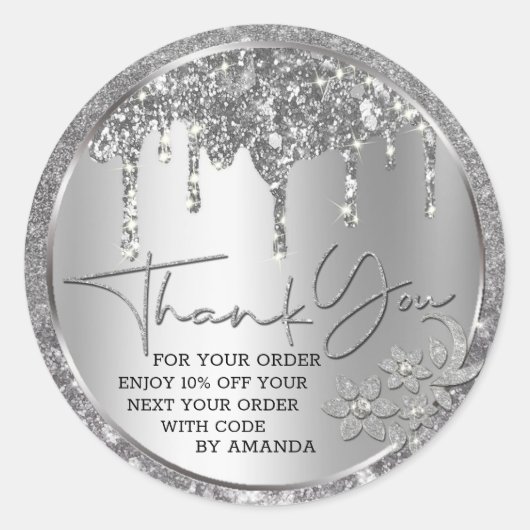 Sticker Rond Paillettes Merci Argent Gouttes de Glitter (Devant)