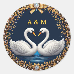 Sticker Rond Paire de cygnes romantiques avec présentoir d'alli