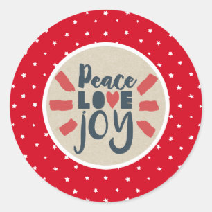 Sticker Rond PAIX AIMER JOIE Noël Red Stars Kraft Holiday