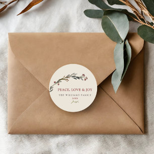 Sticker Rond Paix Amour et Joie Baies Rouges Verdure