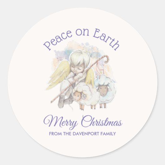 Sticker Rond Paix sur Terre Pasteur Ange avec Agneaux Noël (Devant)